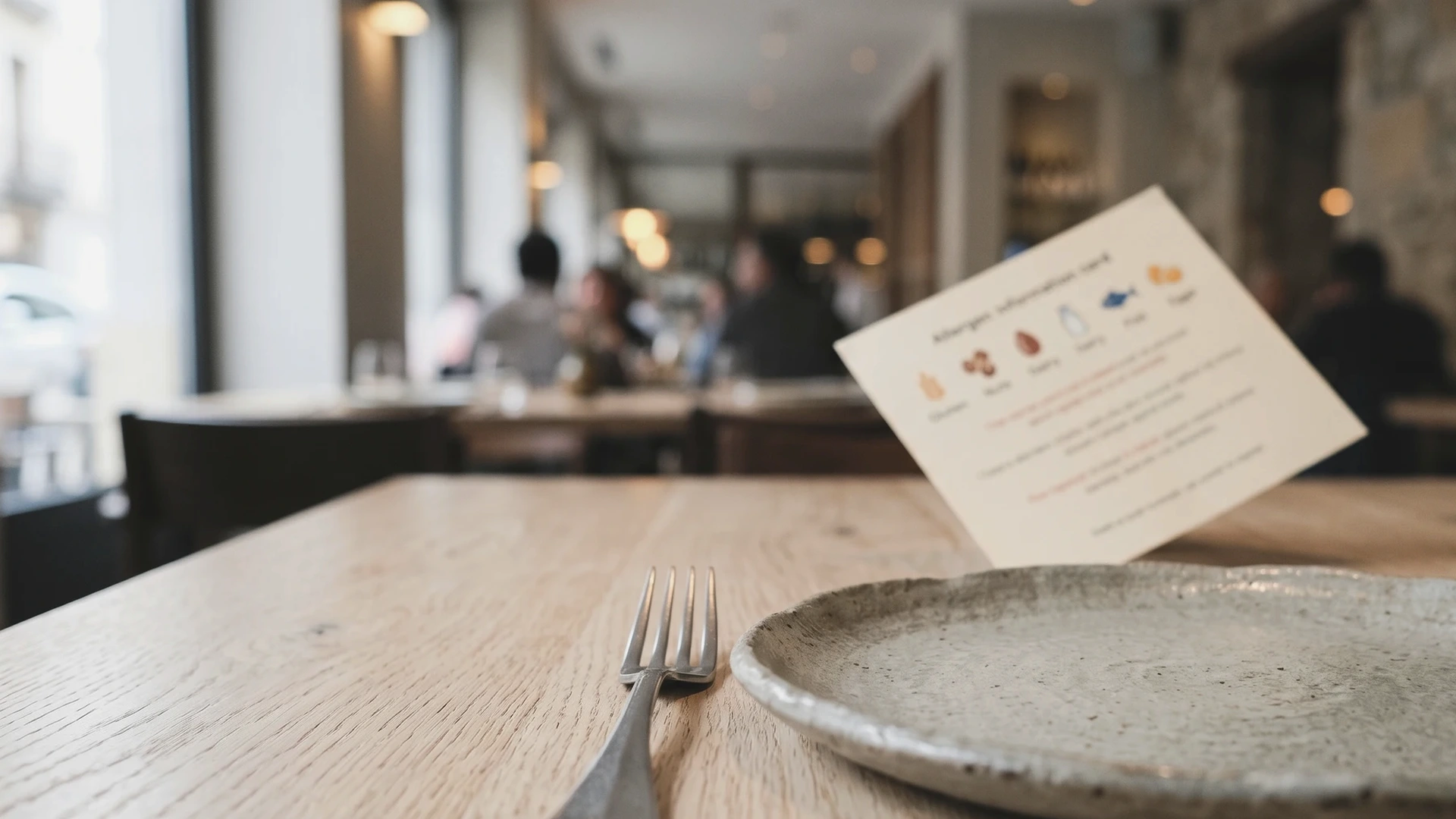 Ficha de información de alérgenos apoyada en la mesa de madera de un restaurante contemporáneo, con un plato y un tenedor en primer plano