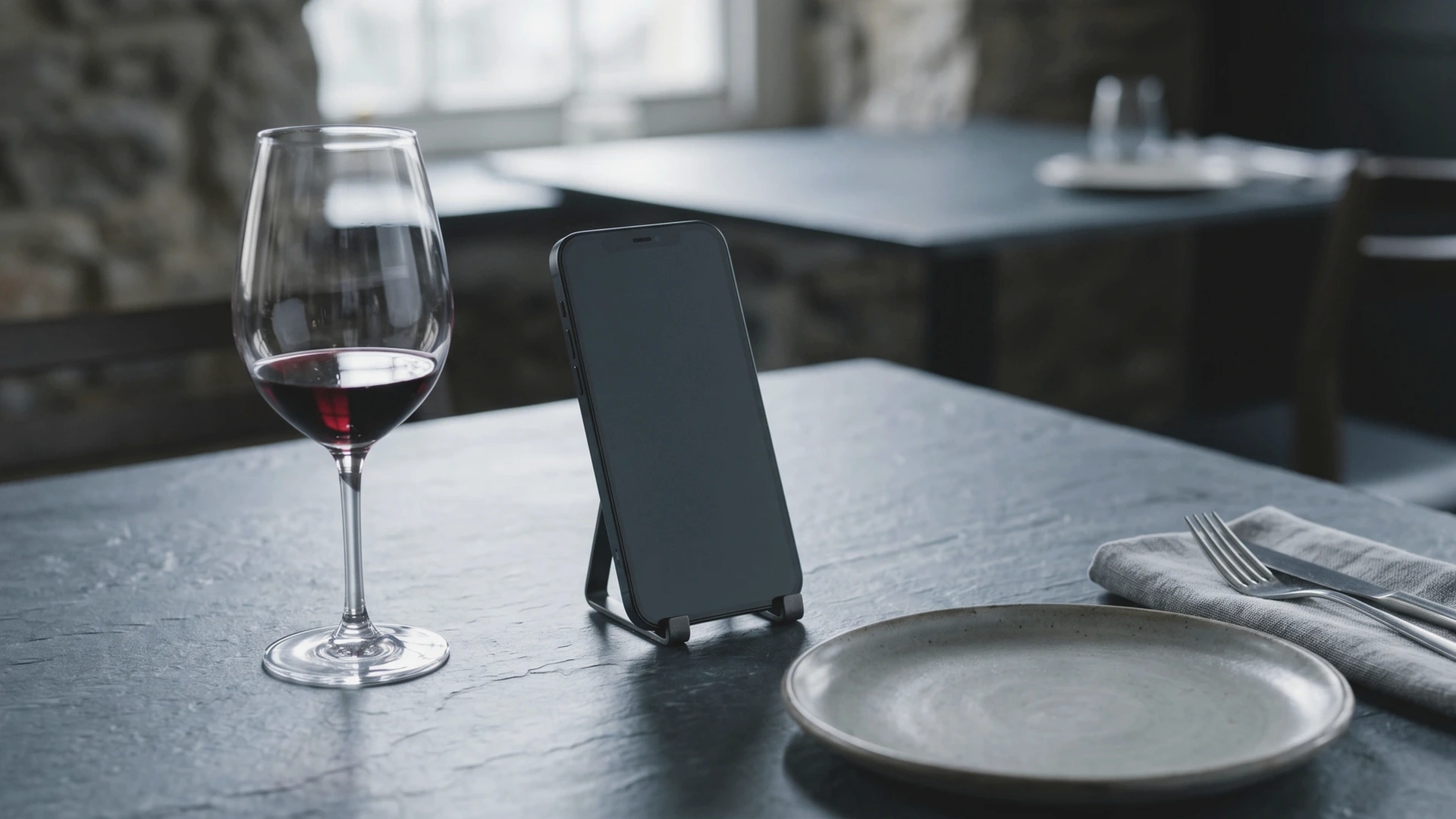 Detalle frío de un código QR sobre una mesa de pizarra junto a una copa y un plato vacío