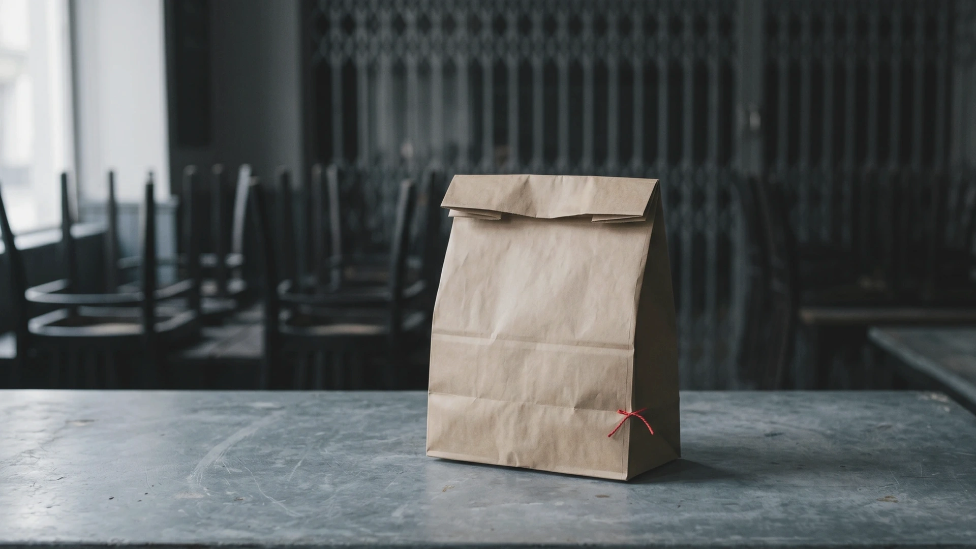 Detalle frío de una bolsa de comida para llevar sobre el mostrador de un local cerrado