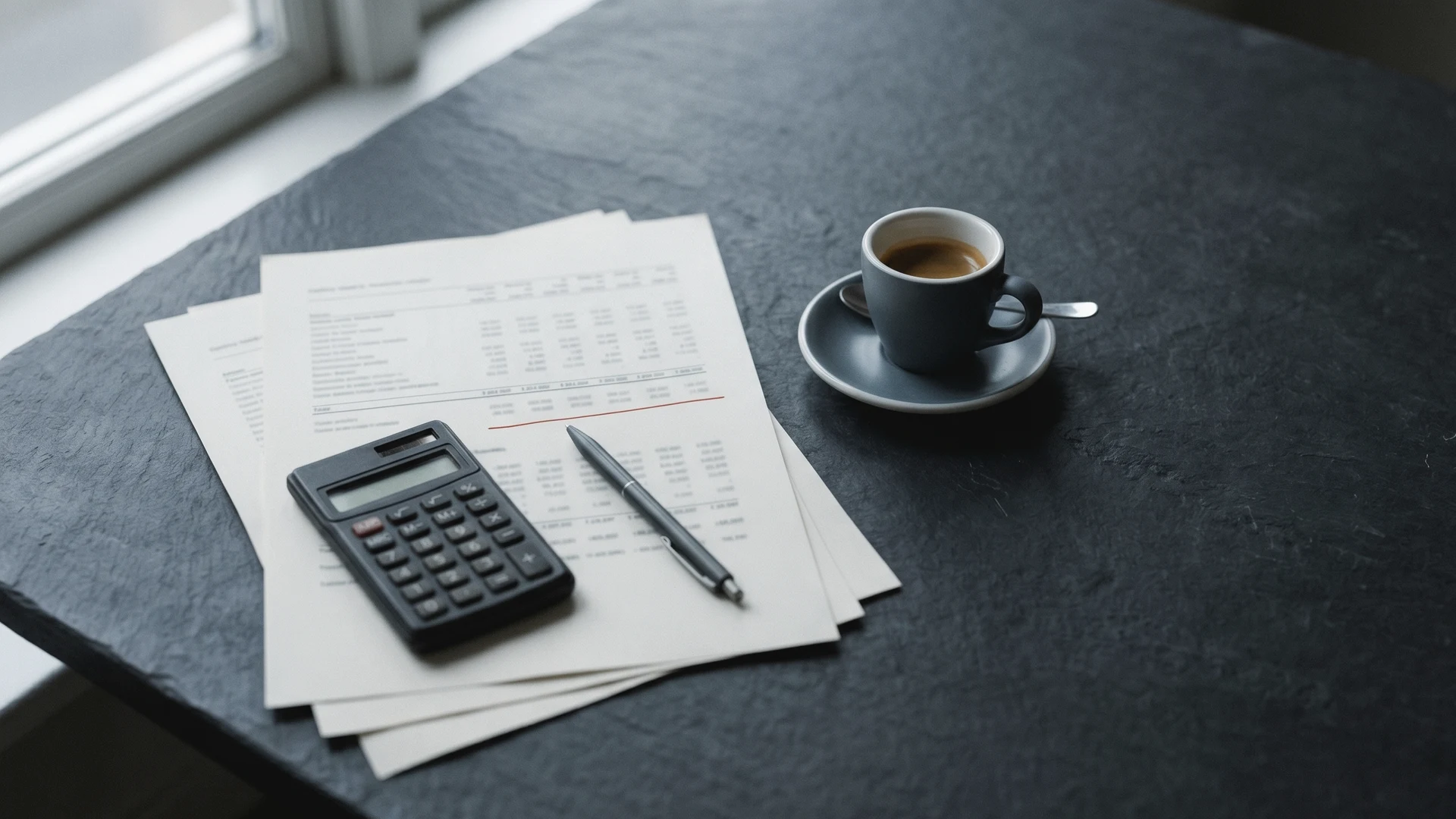 Detalle frío de unas tablas salariales y una calculadora sobre una mesa oscura