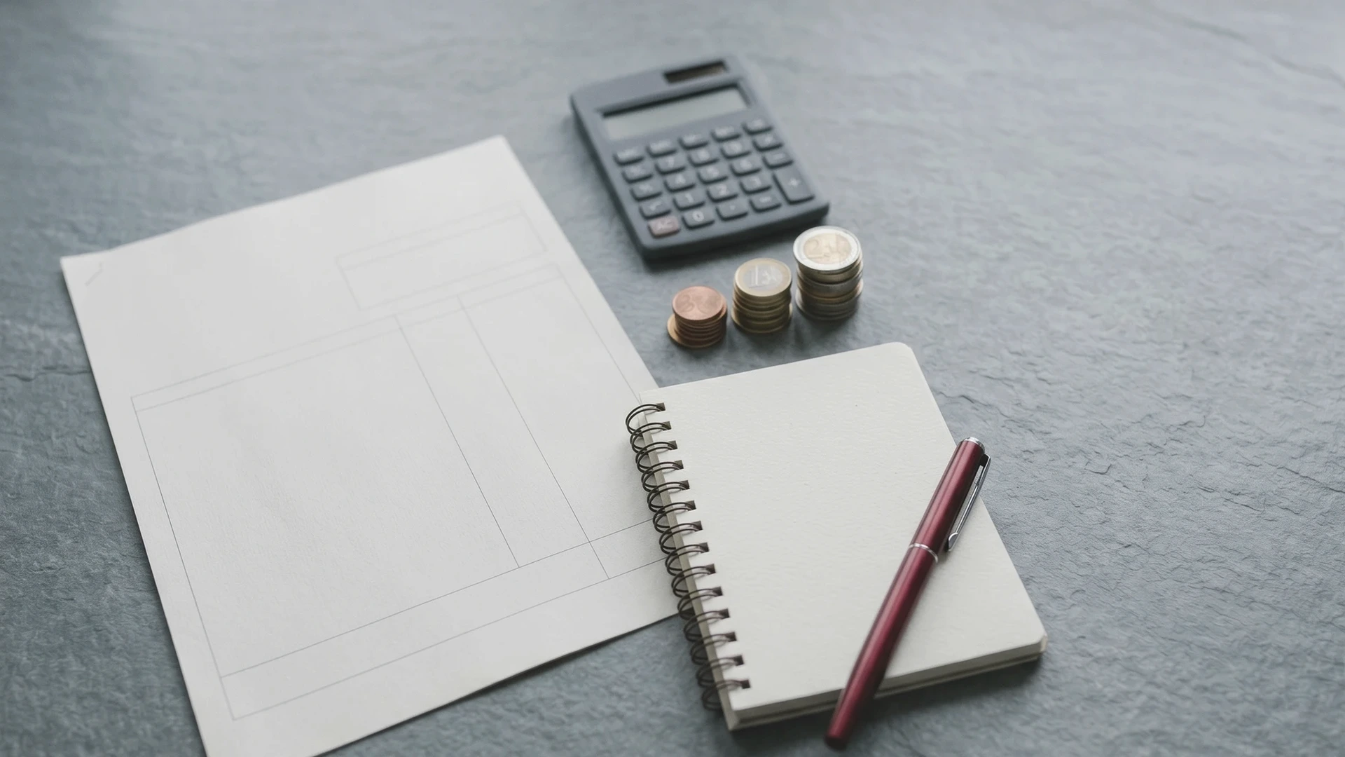 Detalle frío de una nómina, una calculadora y un café sobre una mesa de pizarra