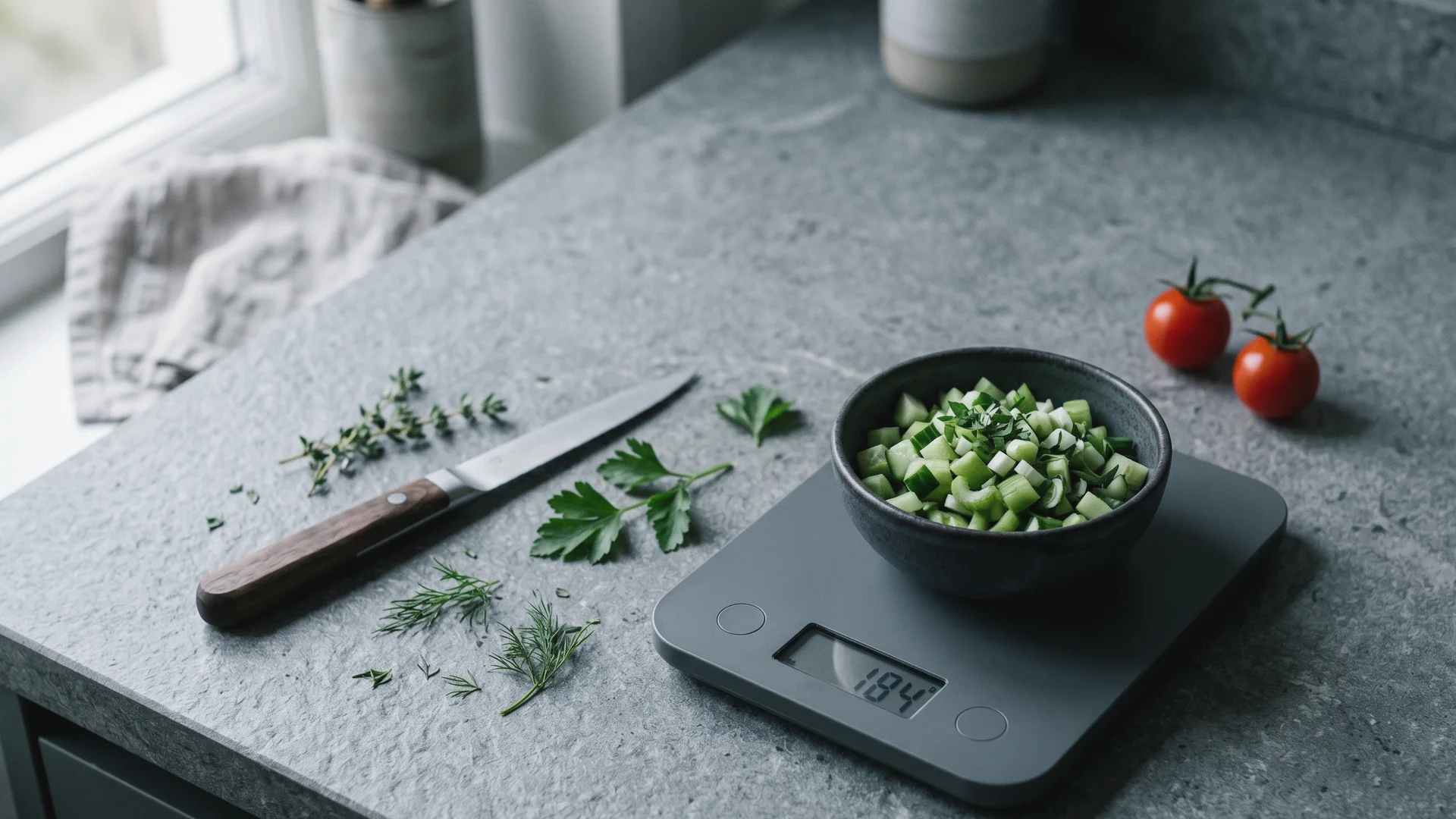 Cocinero pesando ingredientes en una cocina profesional para hacer el escandallo