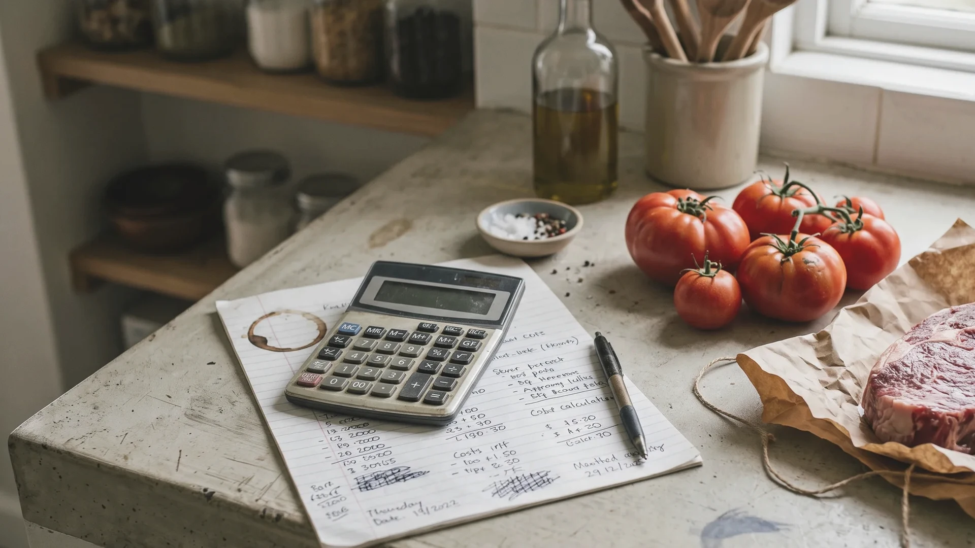 Calculadora y hoja de costes manuscrita sobre la encimera de una cocina de restaurante, junto a tomates y una pieza de carne sobre papel de carnicería