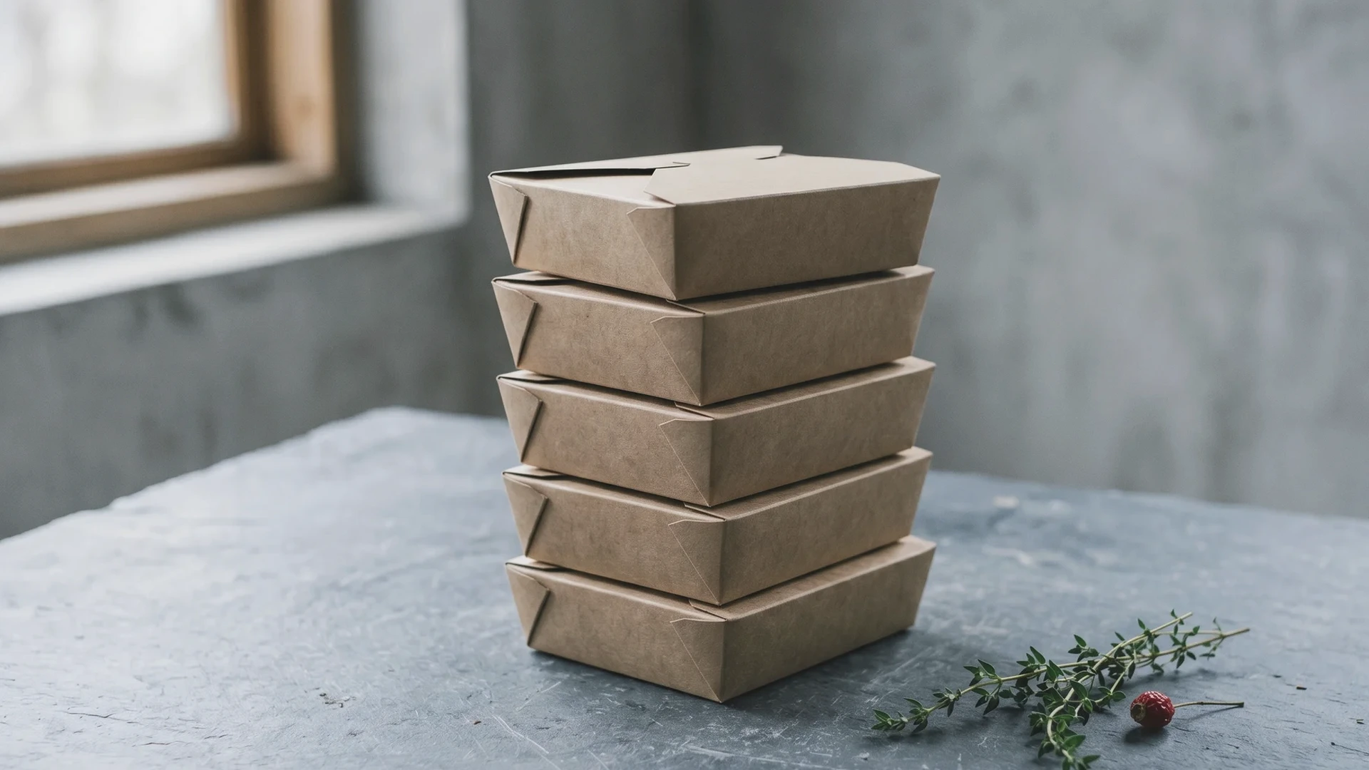 Detalle frío de envases de comida para llevar apilados sobre una superficie de pizarra