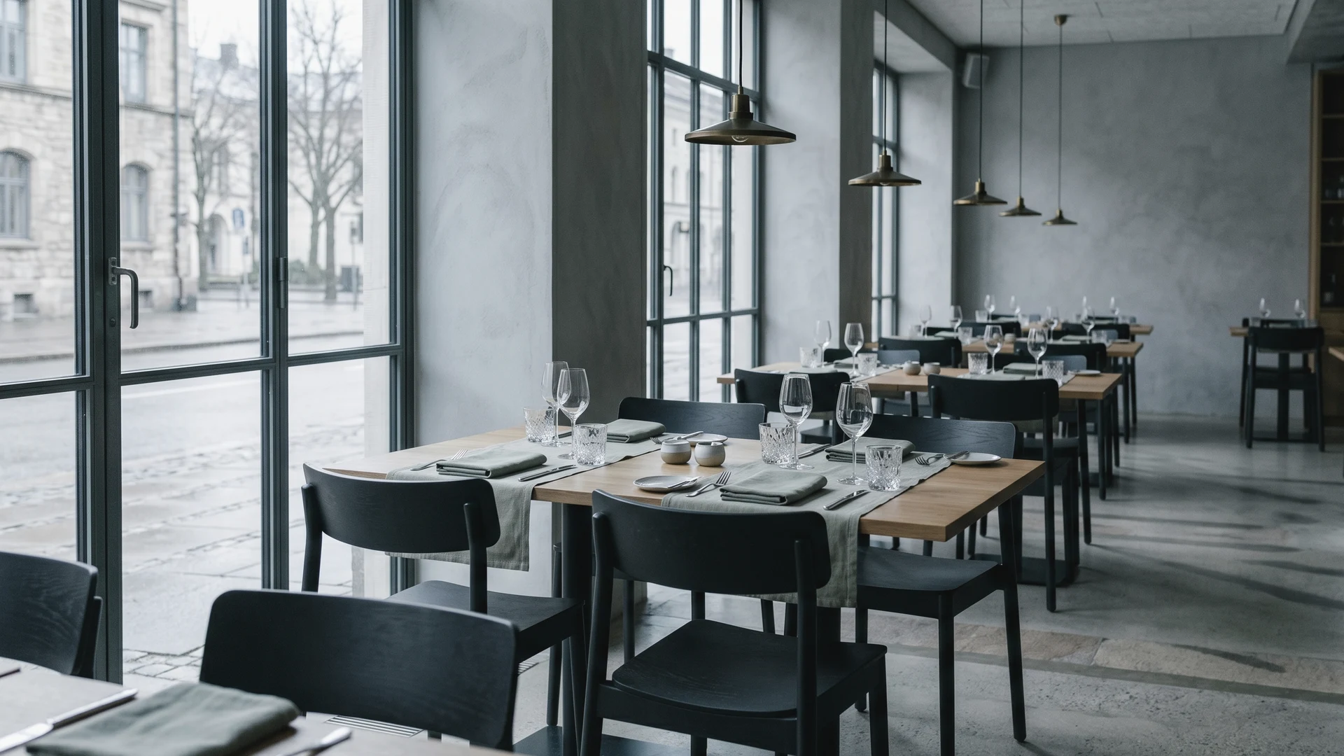 Equipo de un restaurante preparando la sala antes del servicio
