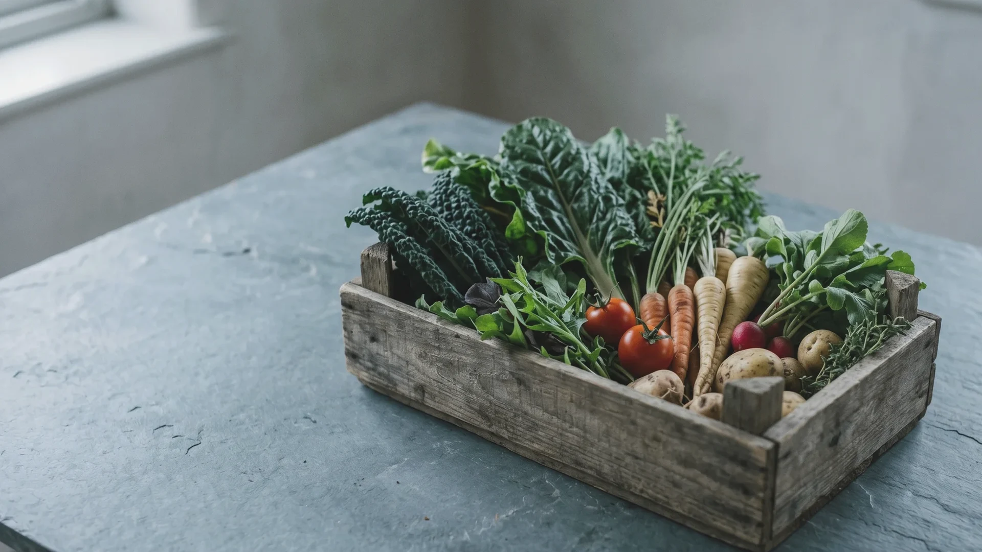 Detalle frío de verduras de temporada sobre una mesa de pizarra junto a una caja de madera