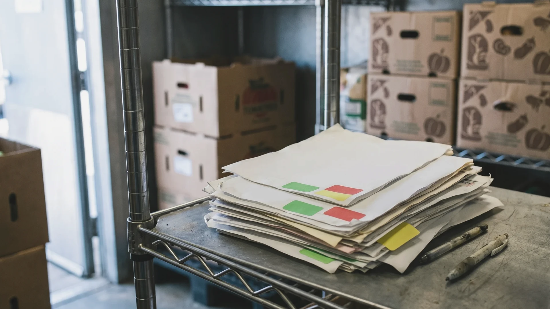 Albaranes de proveedor y etiquetas de lote apilados sobre una estantería de acero en el almacén de un restaurante, con cajas de producto al fondo