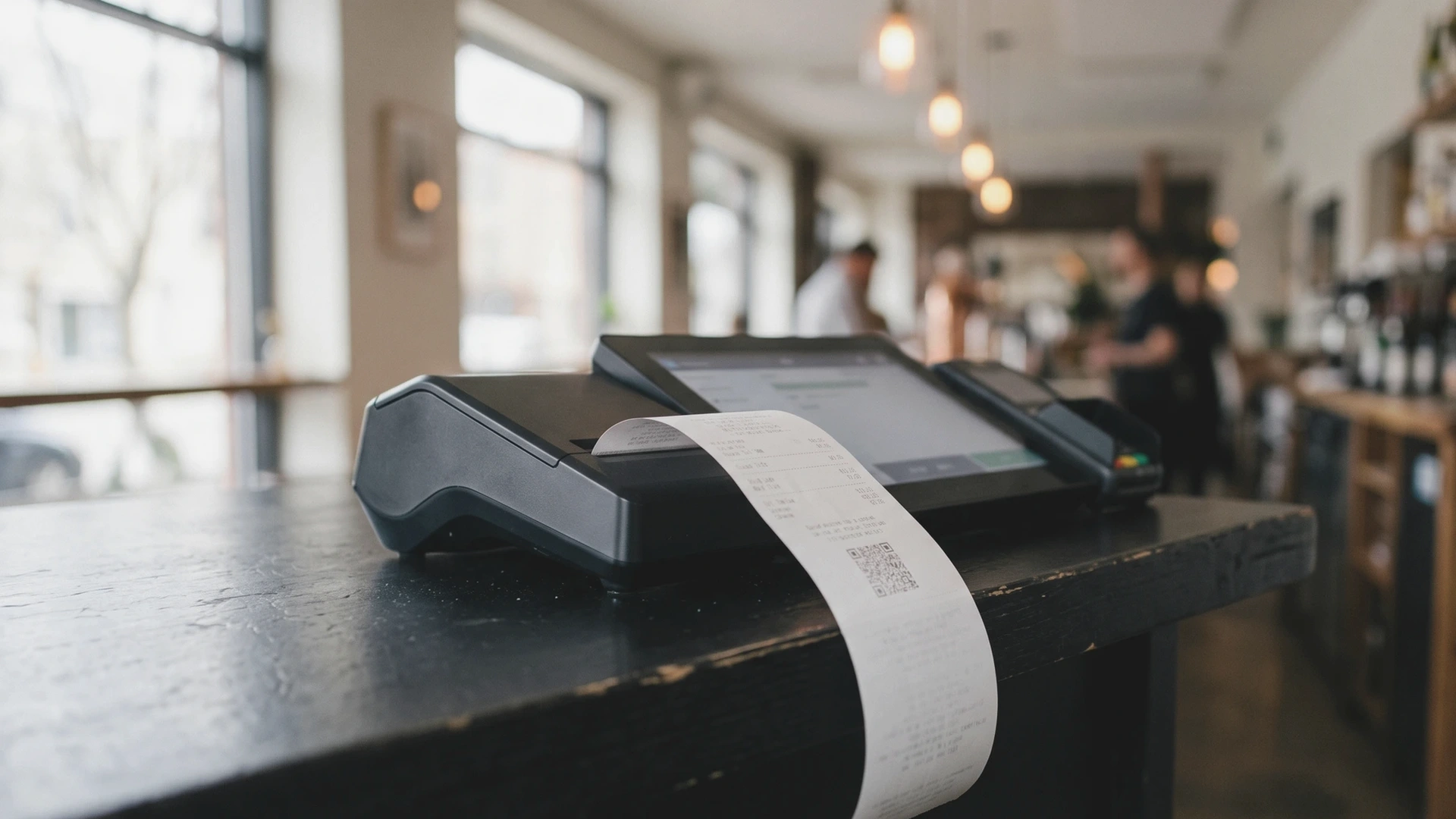 TPV de restaurante imprimiendo un tique con código QR sobre la barra oscura de un local moderno